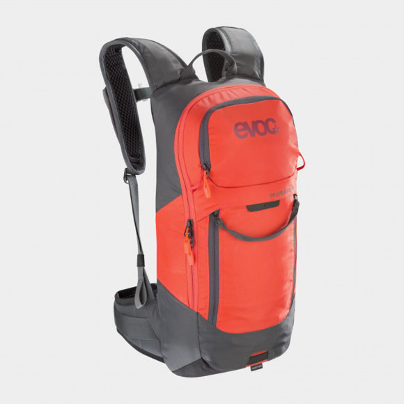 Cykelryggsäck med ryggskydd EVOC FR Lite Race Carbon Grey/Orange, förberedd för vätskebehållare, 10 liter, Medium/Large