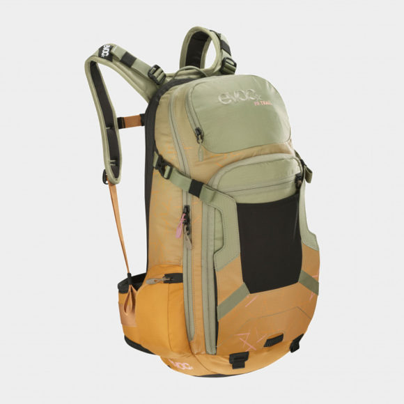 Cykelryggsäck med ryggskydd EVOC FR Trail Women Light Olive/Loam, förberedd för vätskebehållare, 20 liter, Medium/Large