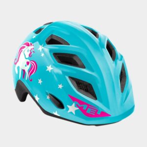 Cykelhjälm MET Elfo Blue Dinosaurs/Glossy, grönt spänne, Universal (46 - 53 cm)