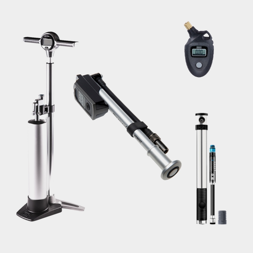 Pumppaket LYX för MTB, fotpump + minipump + dämparpump + däcktrycksmätare + kolsyrepump