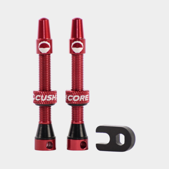 Tubelessventil CushCore Tubeless Presta Valve Set 44 mm, aluminium, 2-pack, röd + ventilkärneverktyg