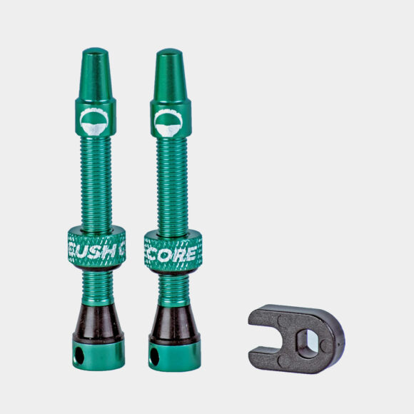 Tubelessventil CushCore Tubeless Presta Valve Set 44 mm, aluminium, 2-pack, turkos + ventilkärneverktyg